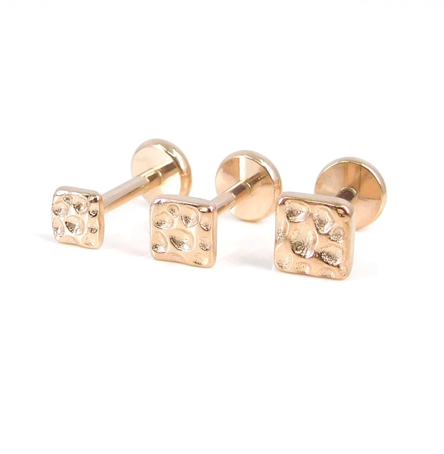 Hammered Square Stud Earring, Gold Tone Push Pin, 16G 18G 20G