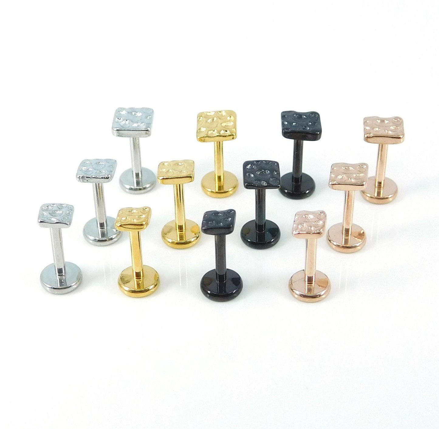 Hammered Square Stud Earring, Gold Tone Push Pin, 16G 18G 20G