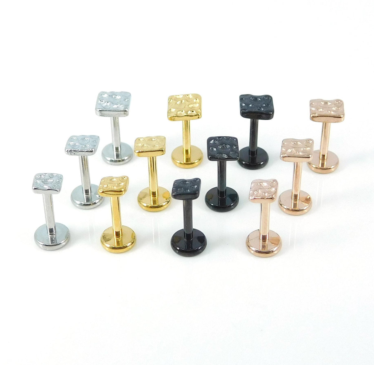 Hammered Square Silver Labret Stud Earring - Tragus Piercing Stud- Tiny Tragus Earring, Gold PVD Push Pin Stud - Unique Nose Ring