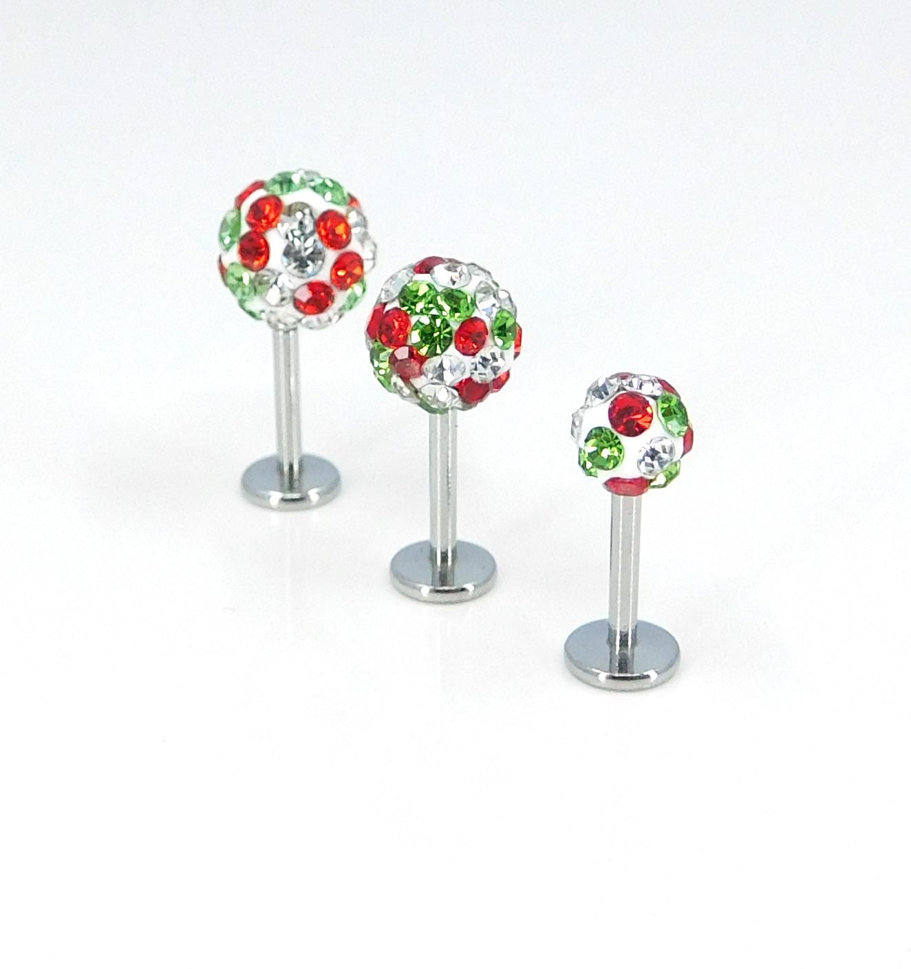 Christmas Crystal Ball Sphere Threadless Stud Earrings - 16G, 18G, 20G Holiday Cartilage Tragus Earrings