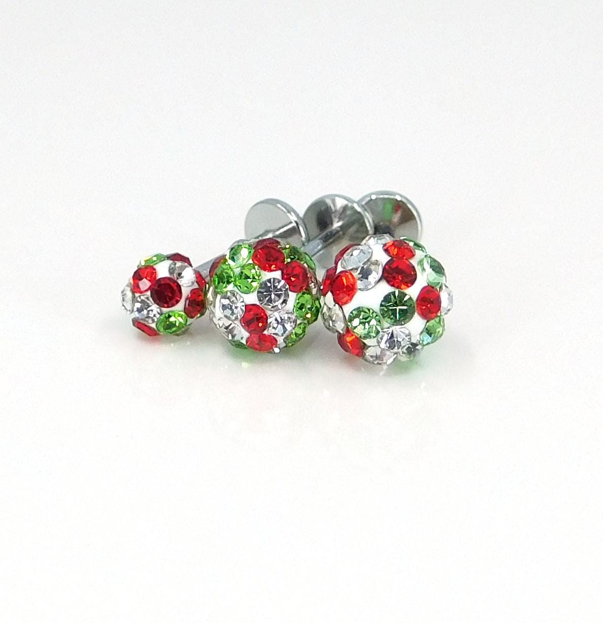 Christmas Crystal Ball Sphere Threadless Stud Earrings - 16G, 18G, 20G Holiday Cartilage Tragus Earrings