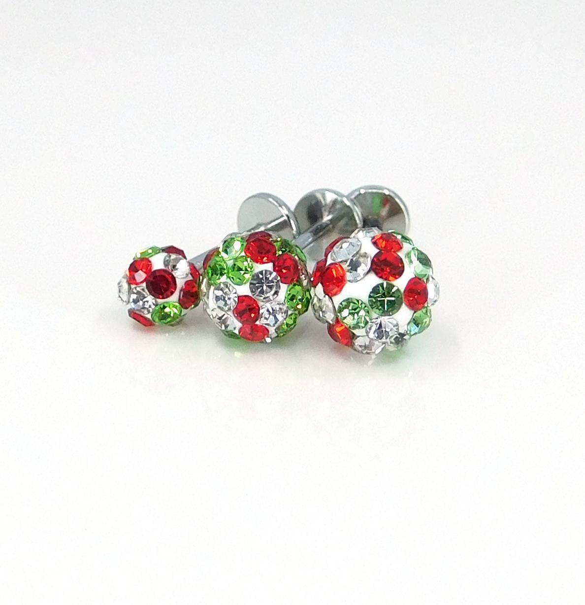 Christmas Crystal Ball Sphere Threadless Stud Earrings - 16G, 18G, 20G Holiday Cartilage Tragus Earrings