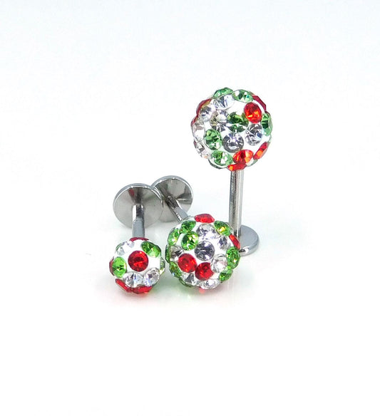 Christmas Crystal Ball Sphere Threadless Stud Earrings - 16G, 18G, 20G Holiday Cartilage Tragus Earrings
