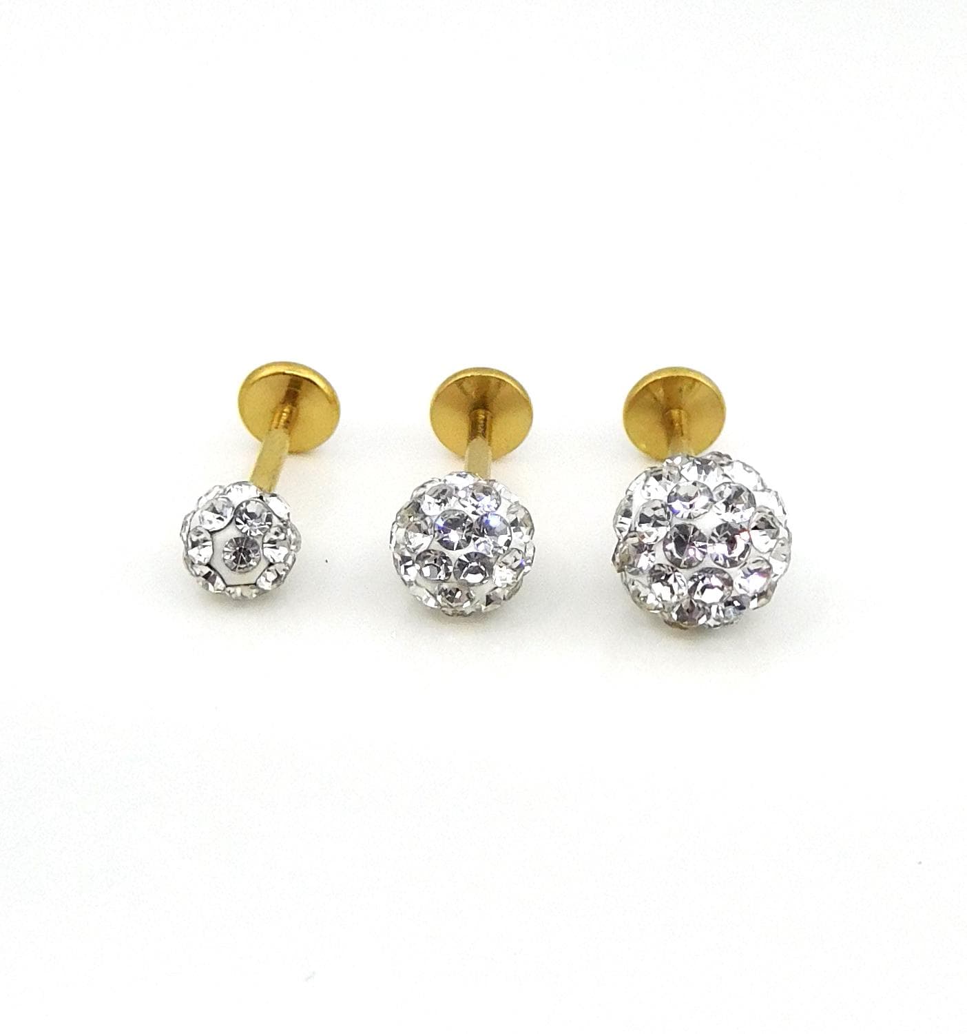 Clear Crystal Ball Gold PVD Threadless Stud Earrings - 16G, 18G, 20G Cartilage Tragus Earrings