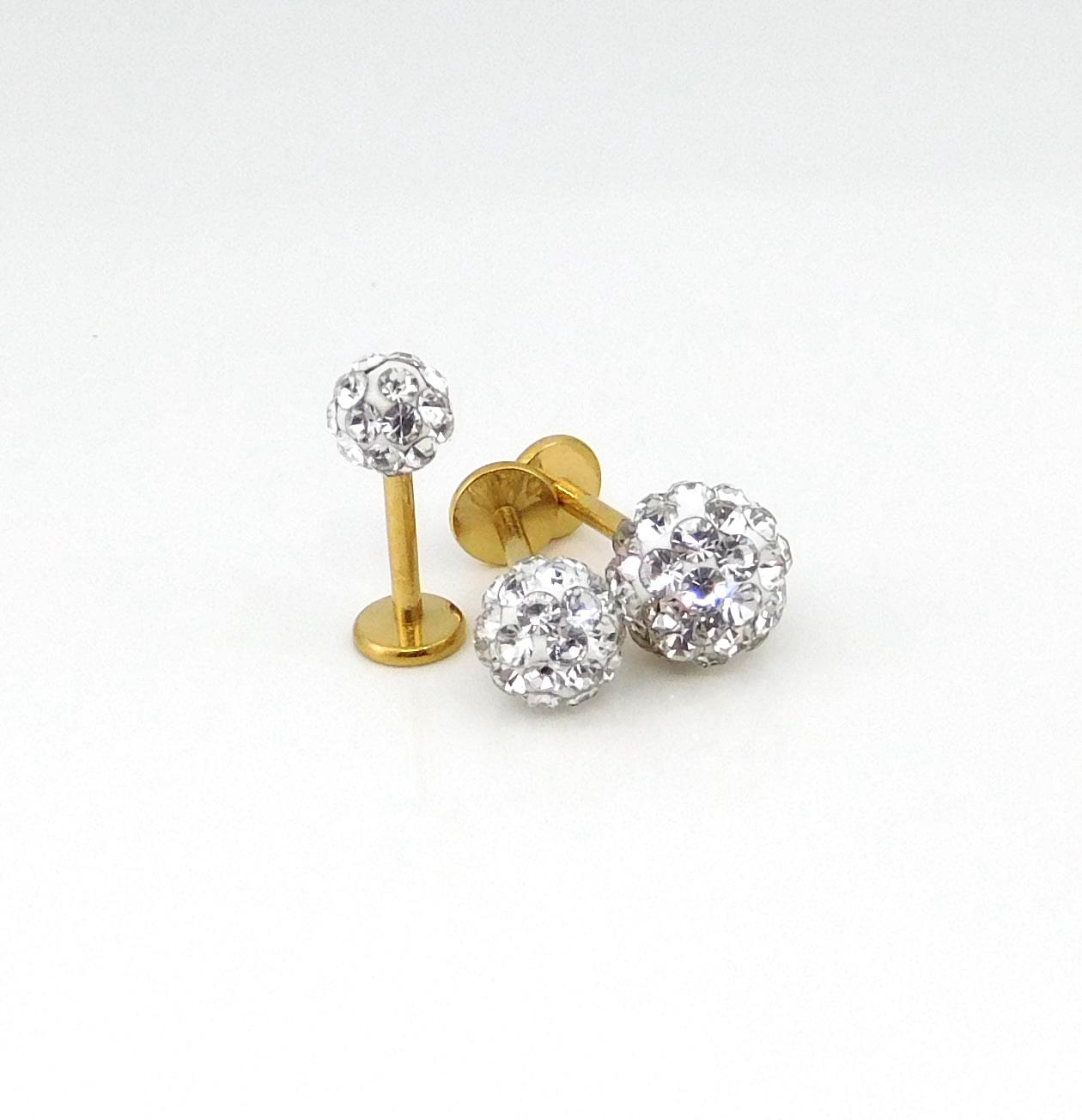 Clear Crystal Ball Gold PVD Threadless Stud Earrings - 16G, 18G, 20G Cartilage Tragus Earrings
