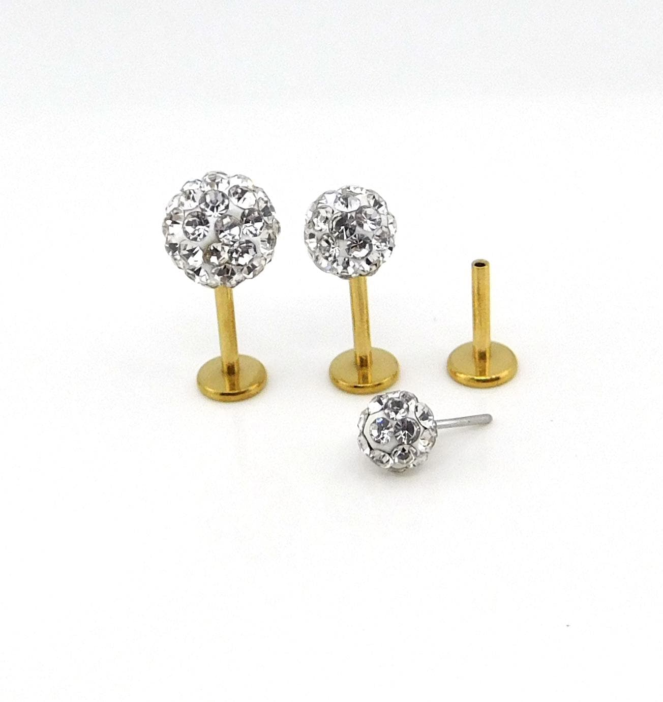 Clear Crystal Ball Gold PVD Threadless Stud Earrings - 16G, 18G, 20G Cartilage Tragus Earrings