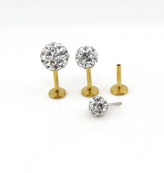 Clear Crystal Ball Gold PVD Threadless Stud Earrings - 16G, 18G, 20G Cartilage Tragus Earrings
