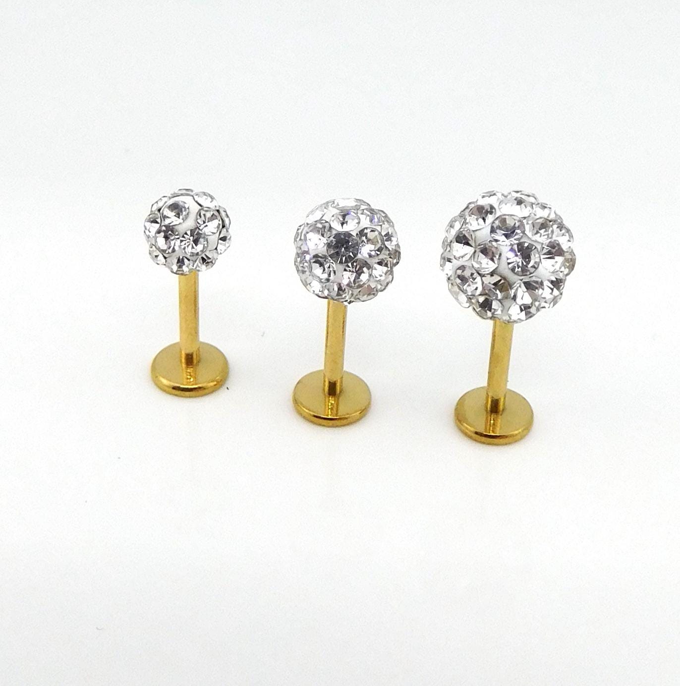 Clear Crystal Ball Gold PVD Threadless Stud Earrings - 16G, 18G, 20G Cartilage Tragus Earrings
