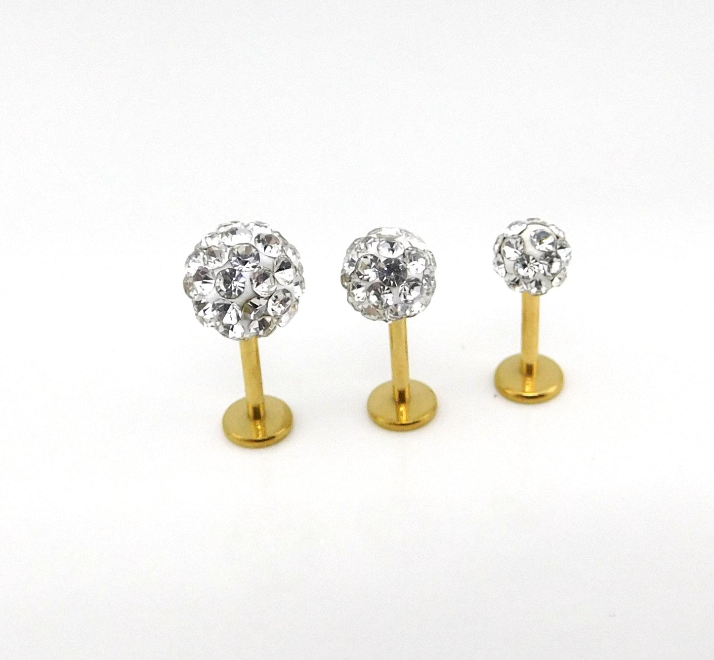 Clear Crystal Ball Gold PVD Threadless Stud Earrings - 16G, 18G, 20G Cartilage Tragus Earrings