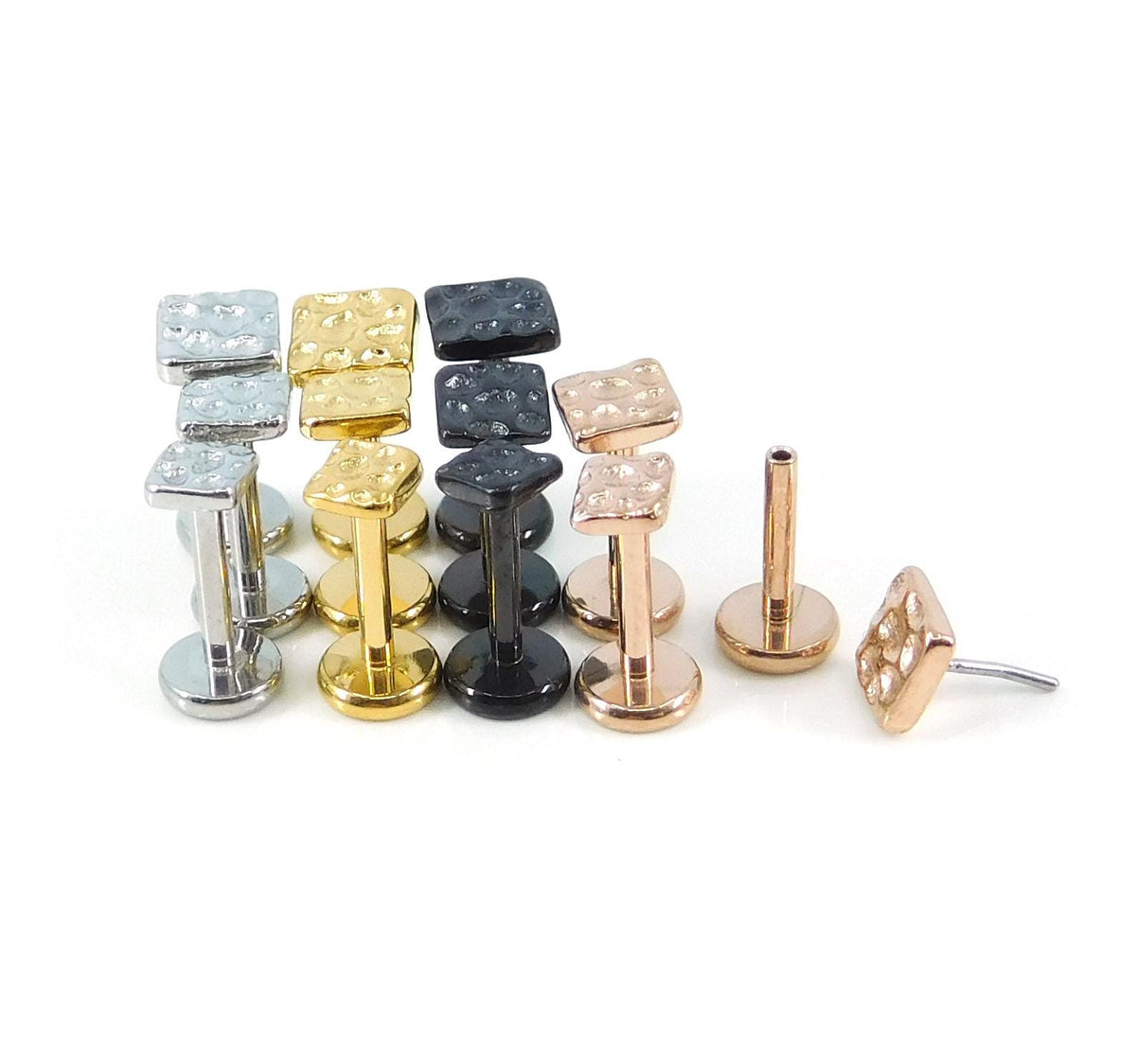 Hammered Square Silver Labret Stud Earring - Tragus Piercing Stud- Tiny Tragus Earring, Gold PVD Push Pin Stud - Unique Nose Ring