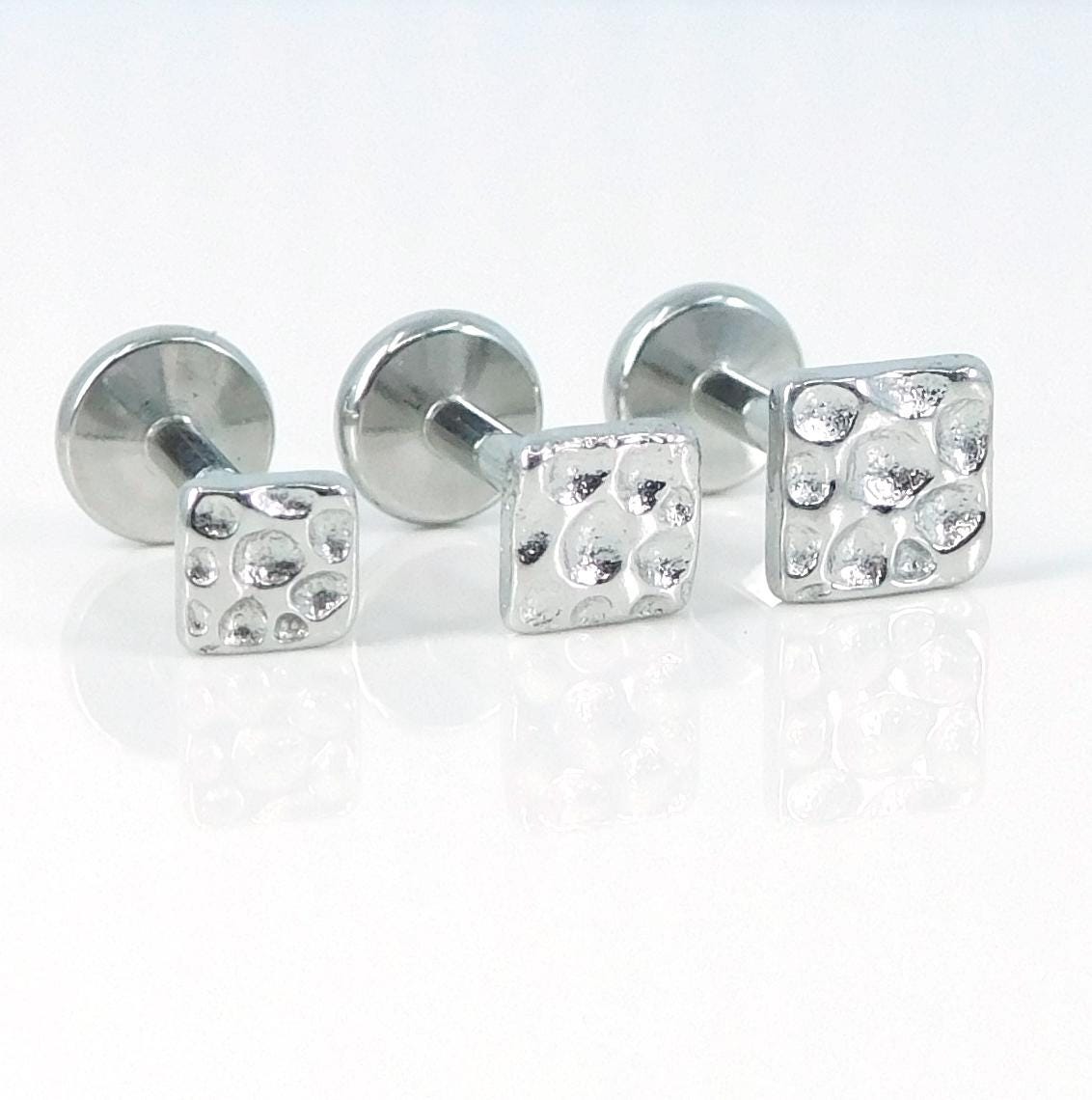 Hammered Square Silver Labret Stud Earring - Tragus Piercing Stud- Tiny Tragus Earring, Gold PVD Push Pin Stud - Unique Nose Ring