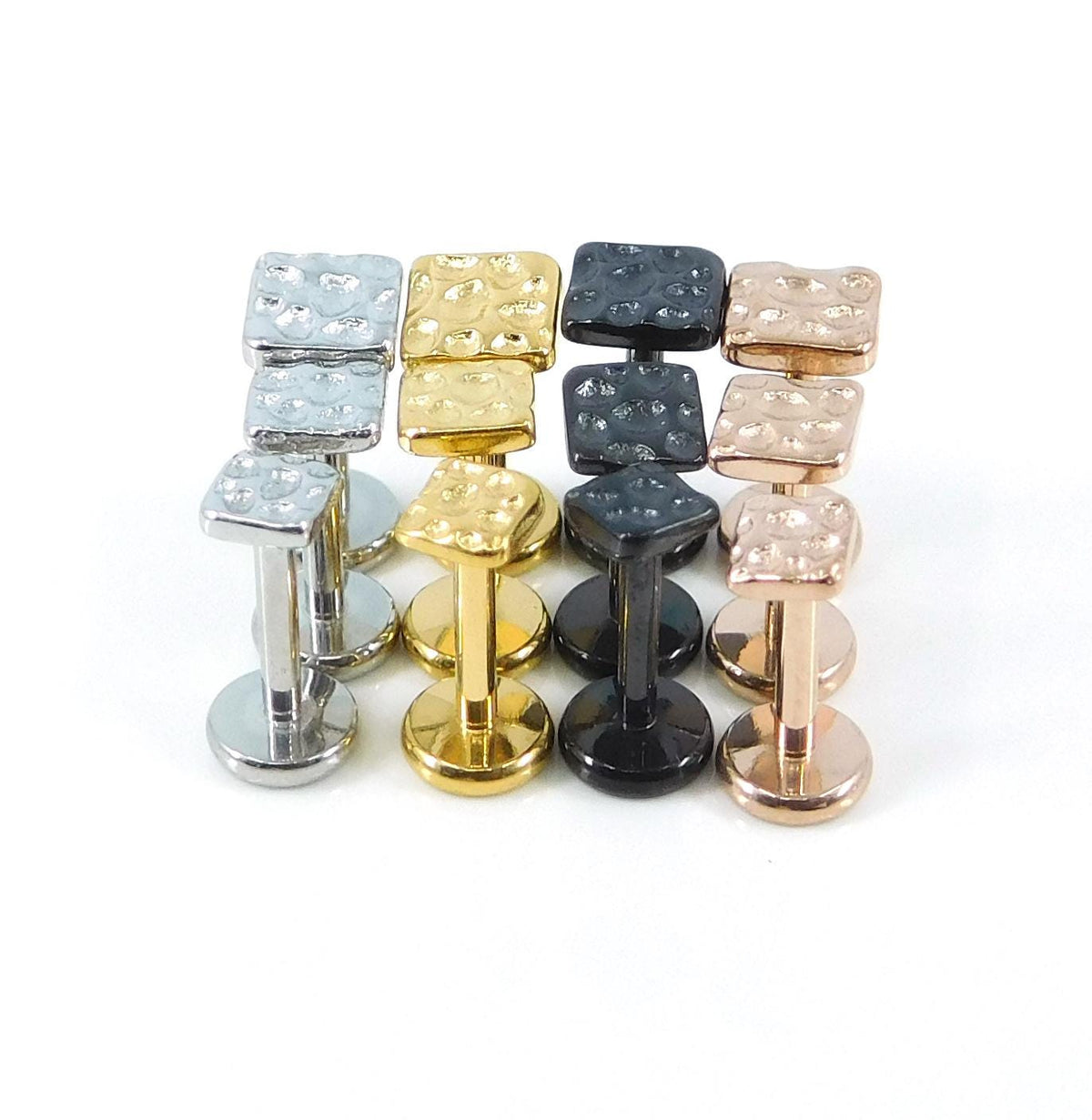 Hammered Square Silver Labret Stud Earring - Tragus Piercing Stud- Tiny Tragus Earring, Gold PVD Push Pin Stud - Unique Nose Ring