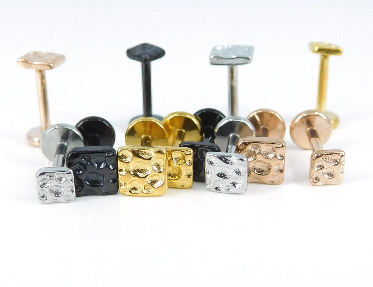 Hammered Silver Square Stud Earring - Threadless Piercing Stud- Tiny Tragus Earring, Gold PVD Push Pin Nose Stud - Cartilage Stud Earring