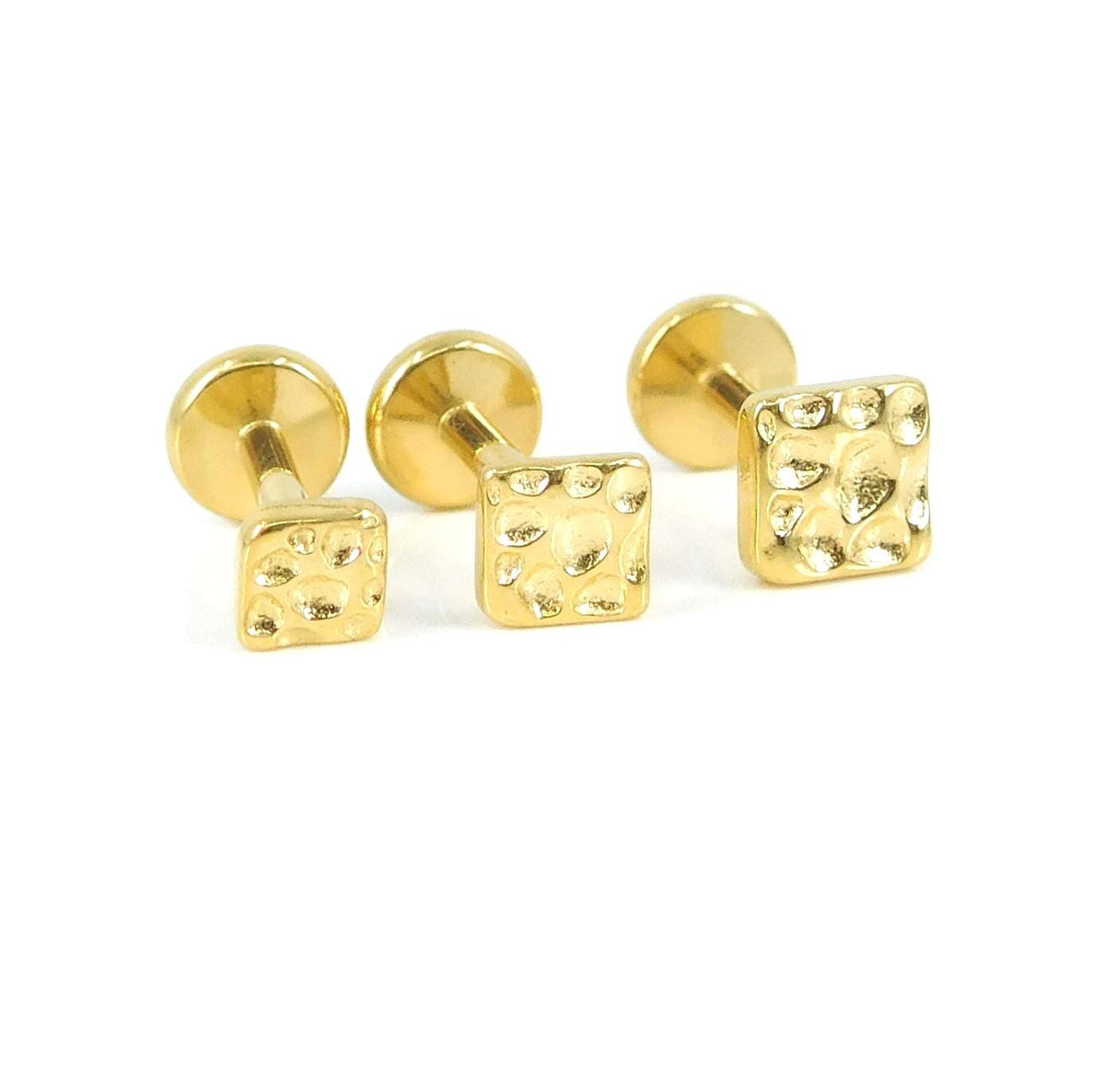 Hammered Silver Square Stud Earring - Threadless Piercing Stud- Tiny Tragus Earring, Gold PVD Push Pin Nose Stud - Cartilage Stud Earring