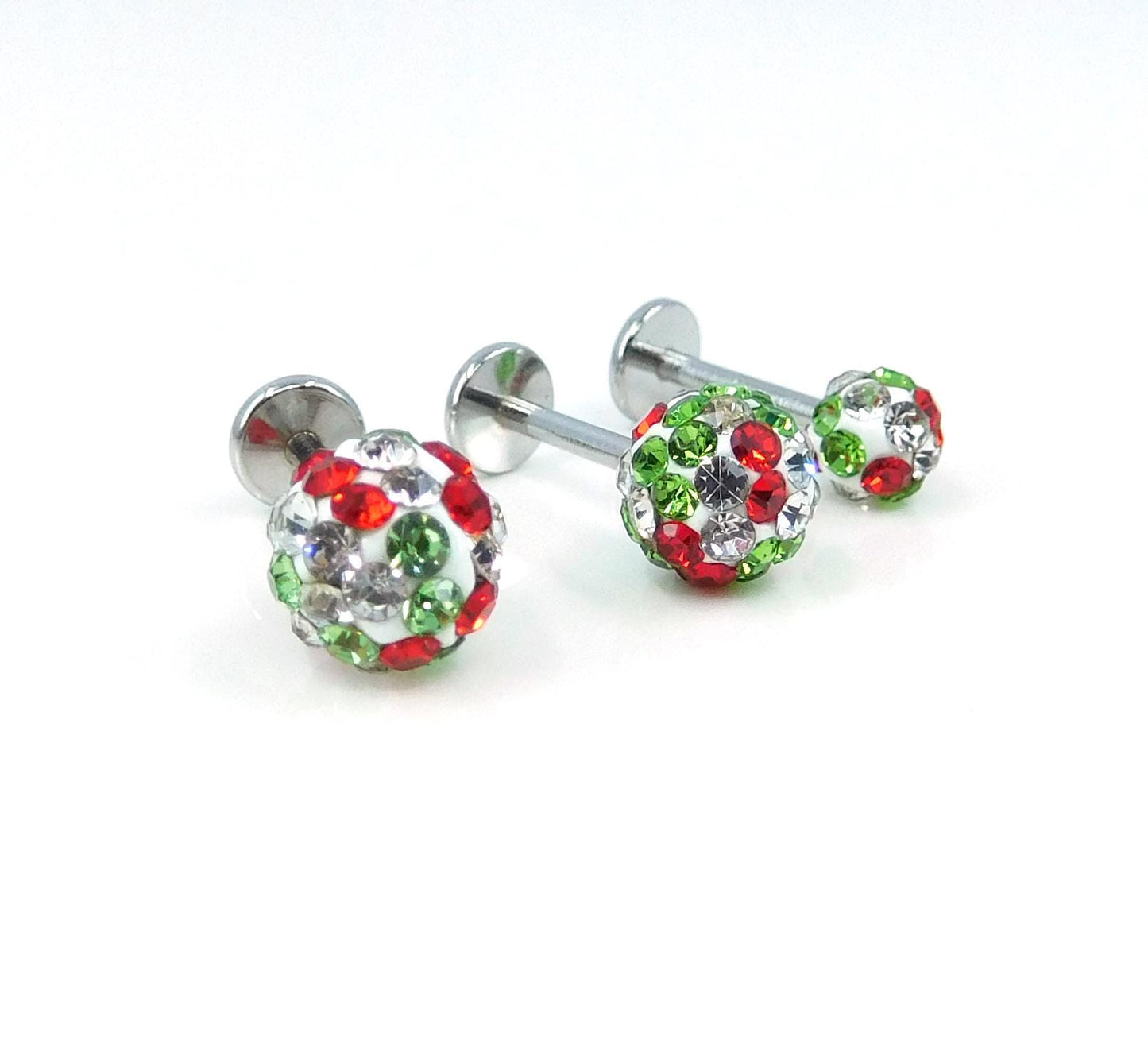 Christmas Crystal Ball Sphere Threadless Stud Earrings - 16G, 18G, 20G Holiday Cartilage Tragus Earrings