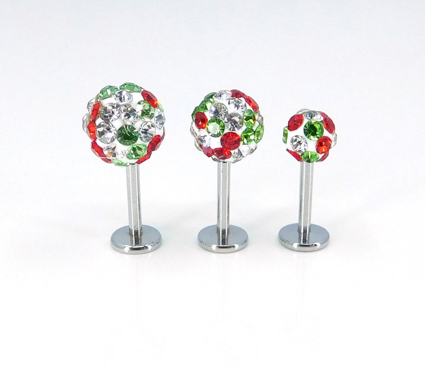 Christmas Crystal Ball Sphere Threadless Stud Earrings - 16G, 18G, 20G Holiday Cartilage Tragus Earrings