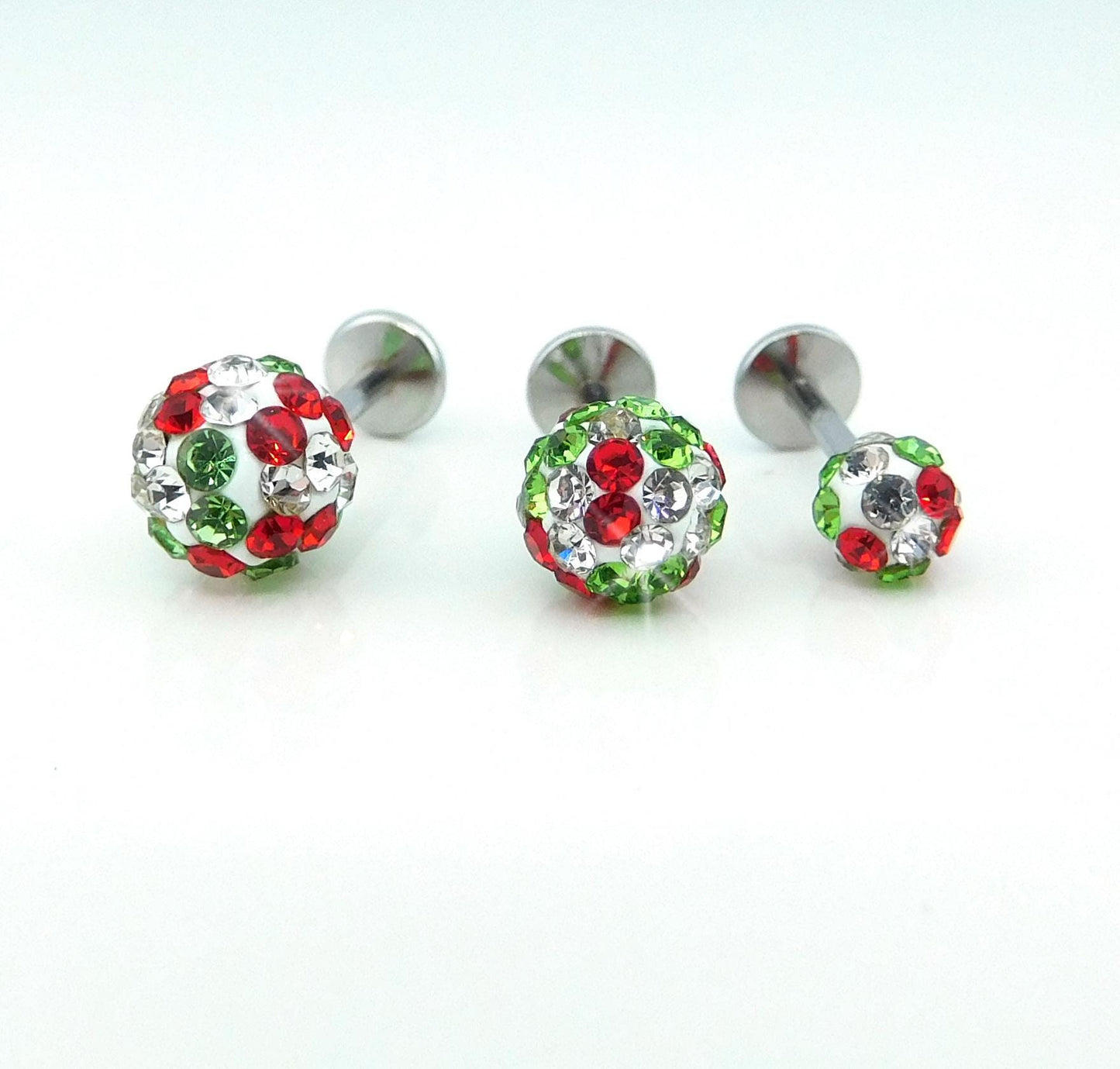 Christmas Crystal Ball Sphere Threadless Stud Earrings - 16G, 18G, 20G Holiday Cartilage Tragus Earrings