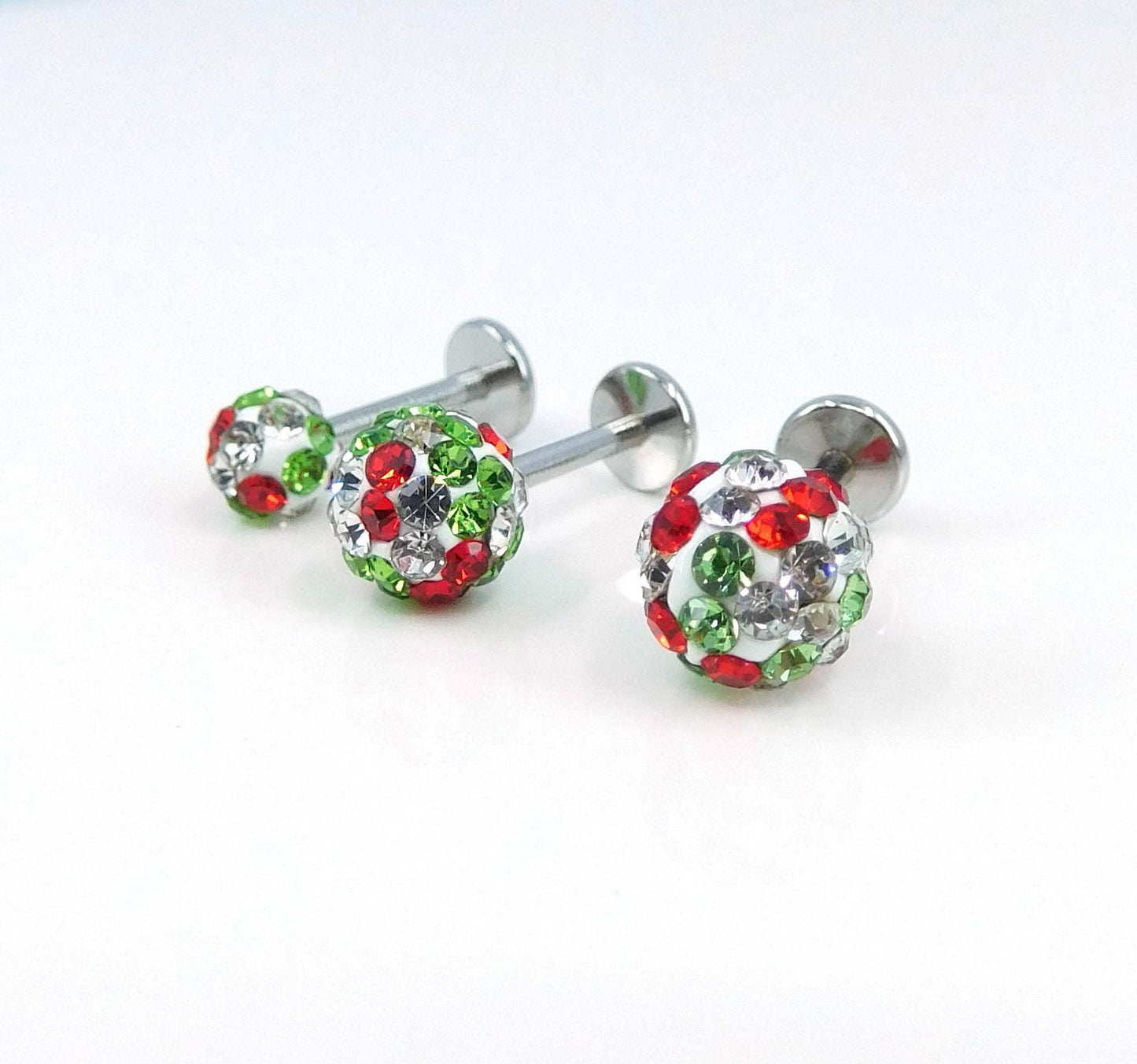 Christmas Crystal Ball Sphere Threadless Stud Earrings - 16G, 18G, 20G Holiday Cartilage Tragus Earrings