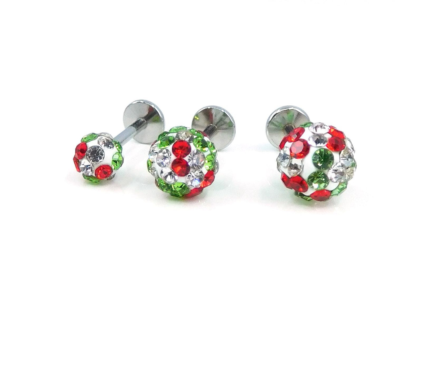 Christmas Crystal Ball Sphere Threadless Stud Earrings - 16G, 18G, 20G Holiday Cartilage Tragus Earrings