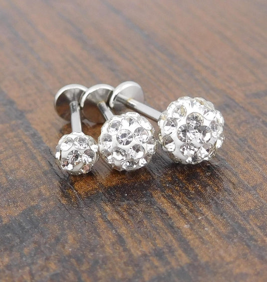 Clear Crystal Ball Circle Threadless Stud Earrings - 16G, 18G, 20G Holiday Cartilage Tragus Earrings