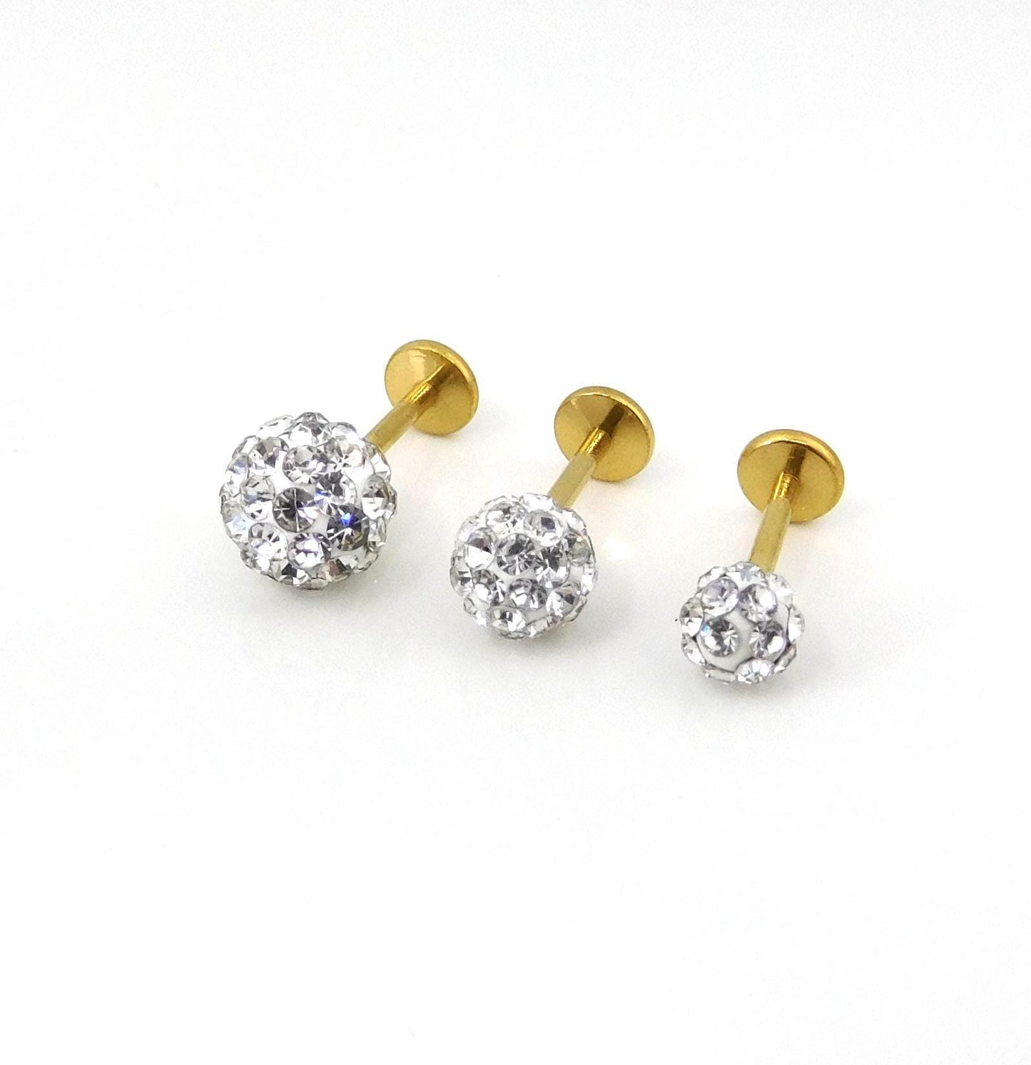 Clear Crystal Ball Gold PVD Threadless Stud Earrings - 16G, 18G, 20G Cartilage Tragus Earrings
