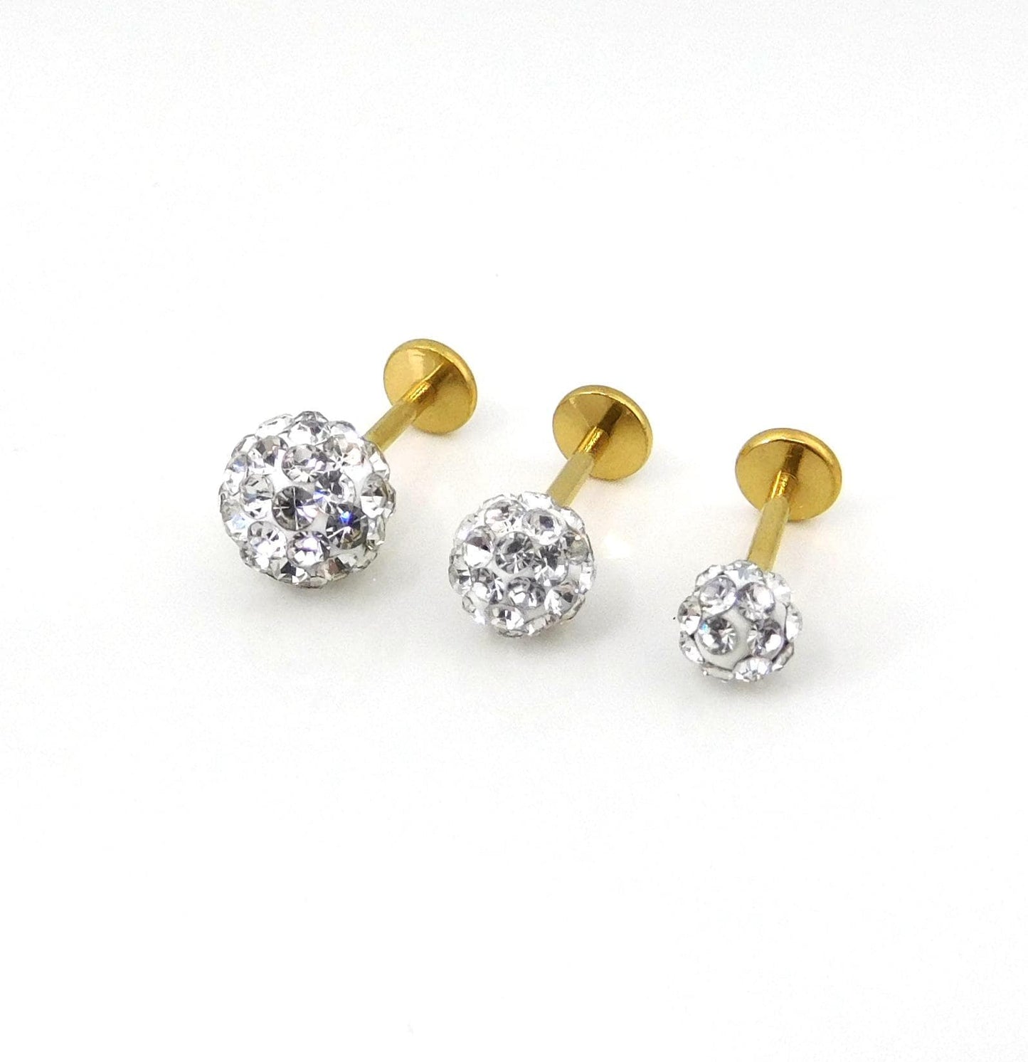Clear Crystal Ball Gold PVD Threadless Stud Earrings - 16G, 18G, 20G Cartilage Tragus Earrings