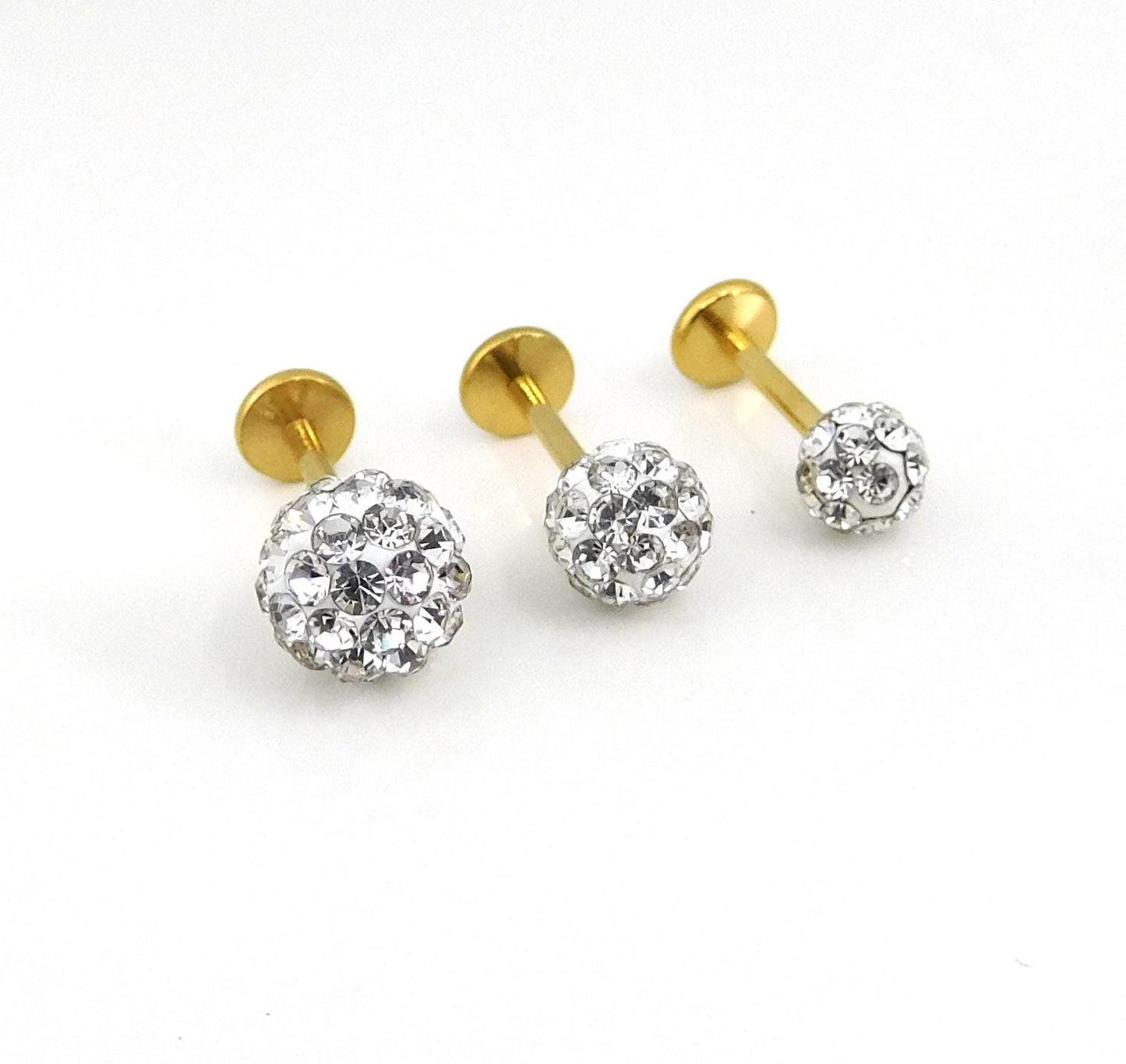 Clear Crystal Ball Gold PVD Threadless Stud Earrings - 16G, 18G, 20G Cartilage Tragus Earrings