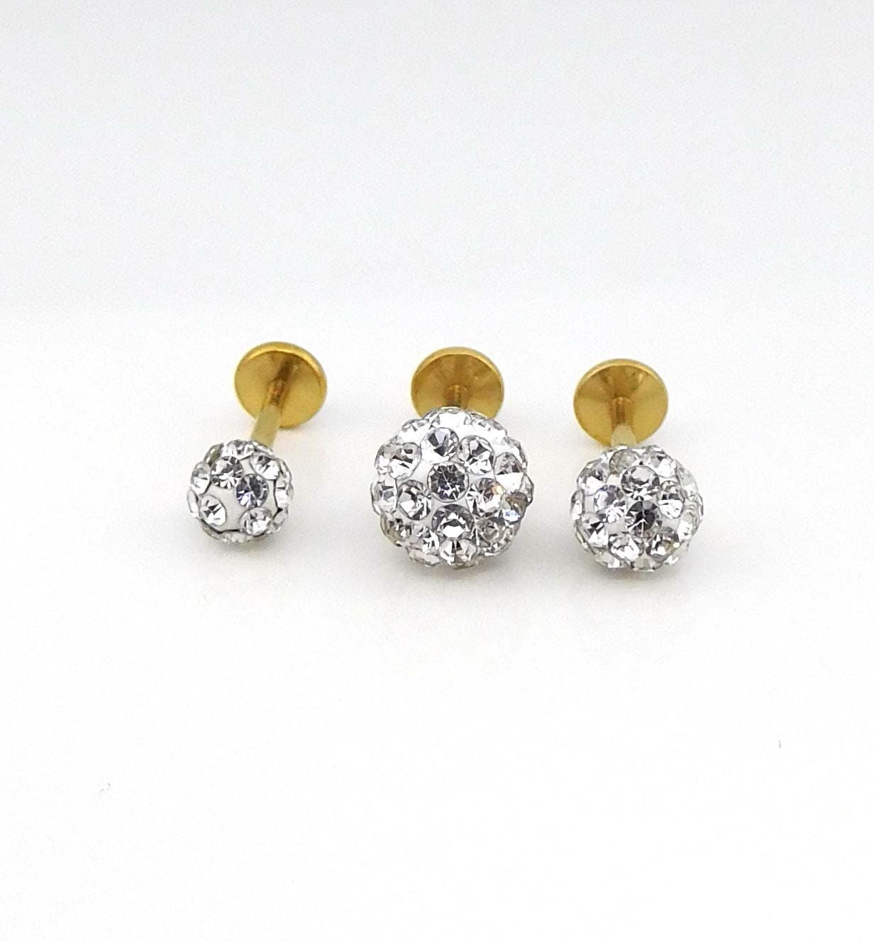 Clear Crystal Ball Gold PVD Threadless Stud Earrings - 16G, 18G, 20G Cartilage Tragus Earrings