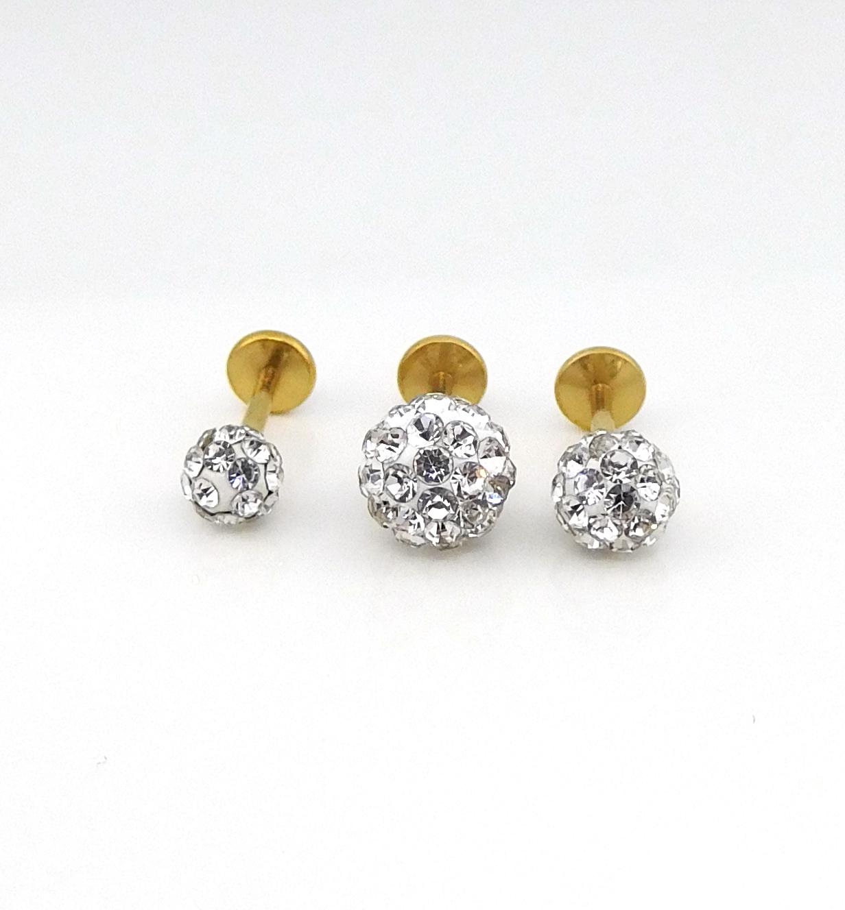 Clear Crystal Ball Gold PVD Threadless Stud Earrings - 16G, 18G, 20G Cartilage Tragus Earrings