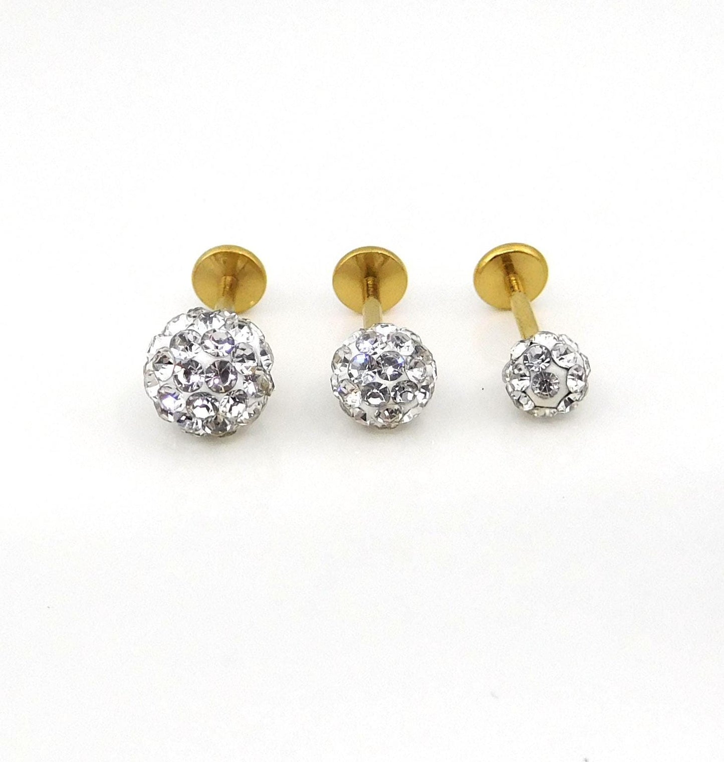 Clear Crystal Ball Gold PVD Threadless Stud Earrings - 16G, 18G, 20G Cartilage Tragus Earrings