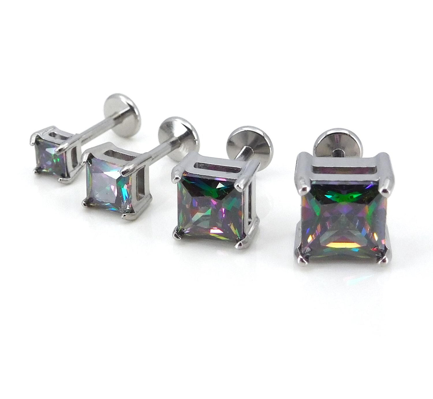 Rainbow Surgical Steel Stud Earring: Threadless Princess Cut Prong Set Labret Nose Ring