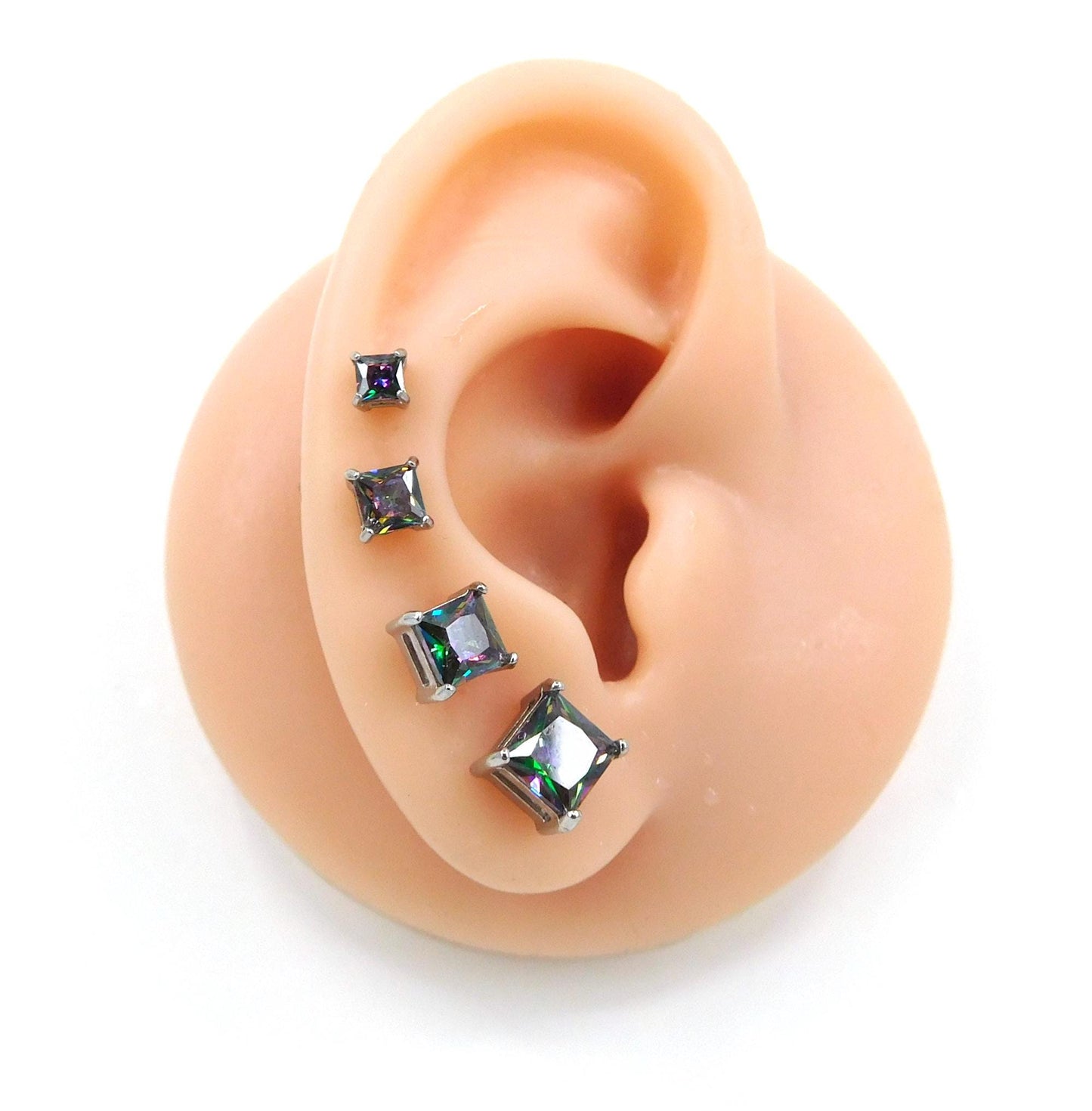 Rainbow Surgical Steel Stud Earring: Threadless Princess Cut Prong Set Labret Nose Ring