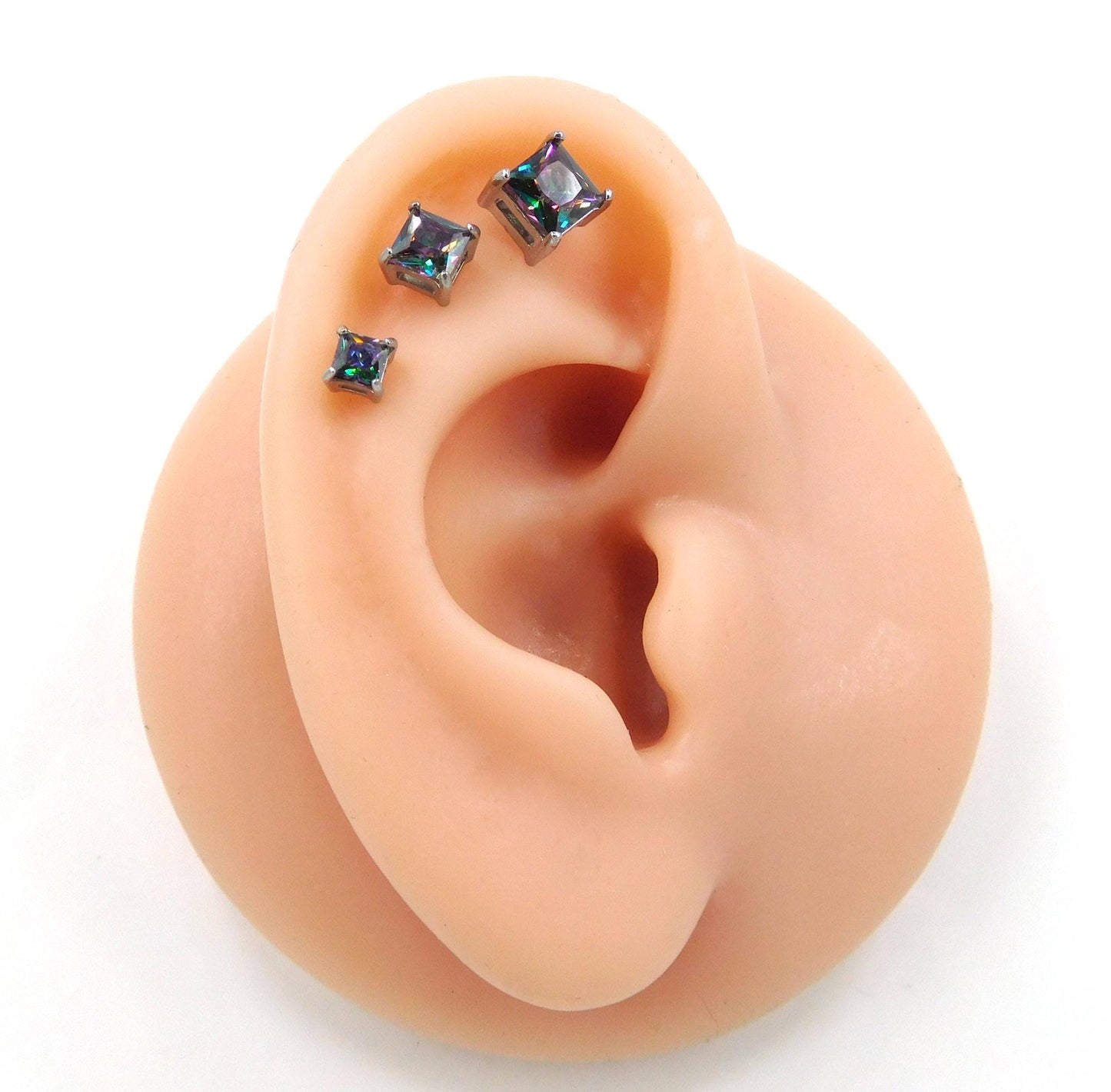 Rainbow Surgical Steel Stud Earring: Threadless Princess Cut Prong Set Labret Nose Ring