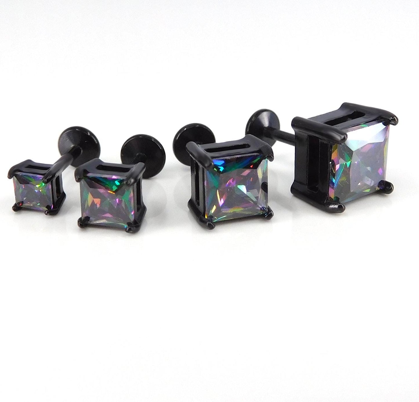 Black Rainbow Stud Earring: Threadless Princess Cut Prong Set Labret Nose Ring