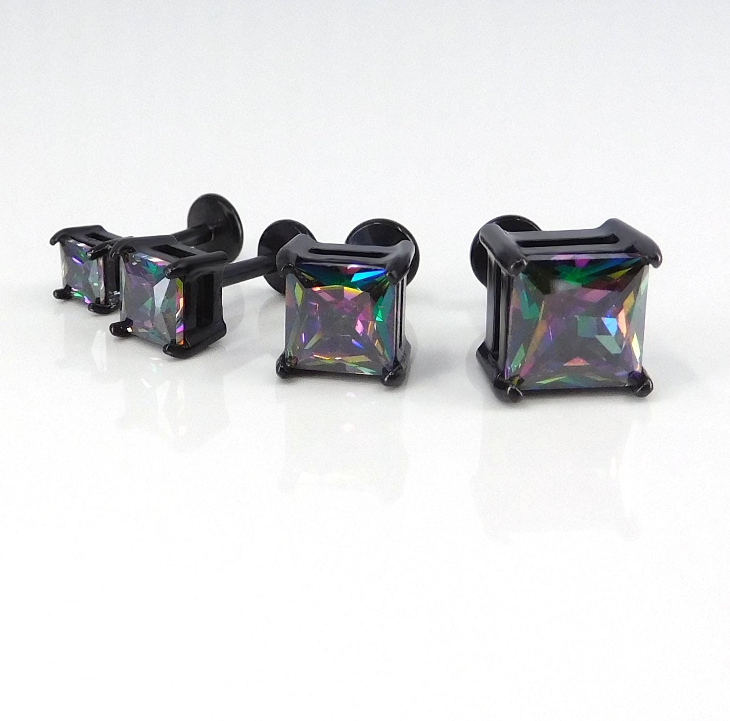 Black Rainbow Stud Earring: Threadless Princess Cut Prong Set Labret Nose Ring