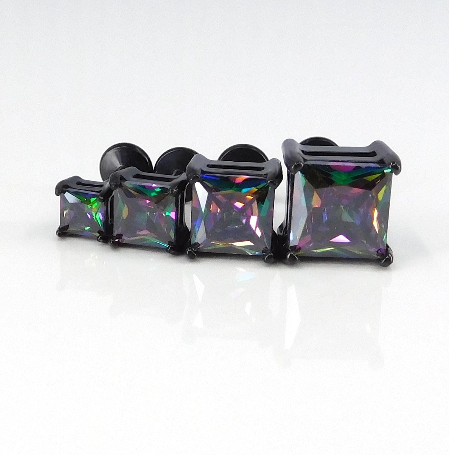 Black Rainbow Stud Earring: Threadless Princess Cut Prong Set Labret Nose Ring