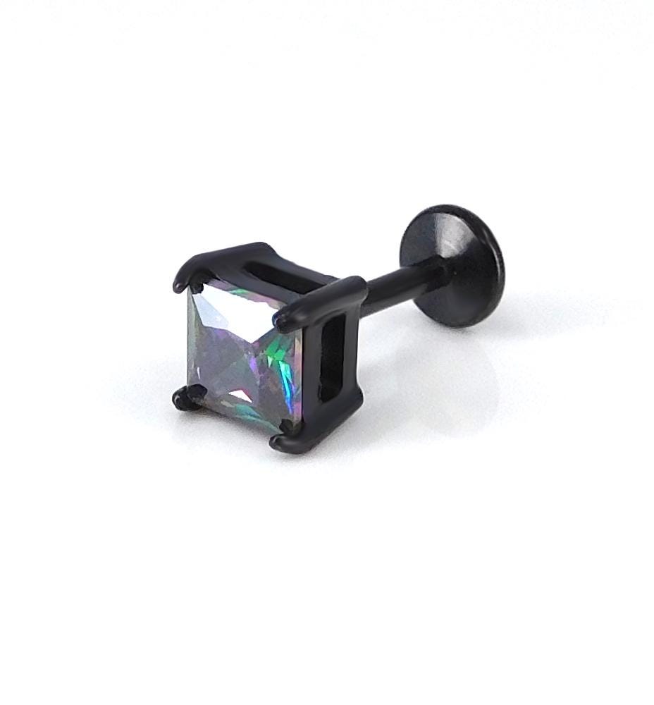 Black Rainbow Stud Earring: Threadless Princess Cut Prong Set Labret Nose Ring
