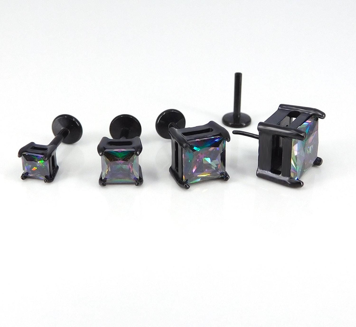 Black Rainbow Stud Earring: Threadless Princess Cut Prong Set Labret Nose Ring
