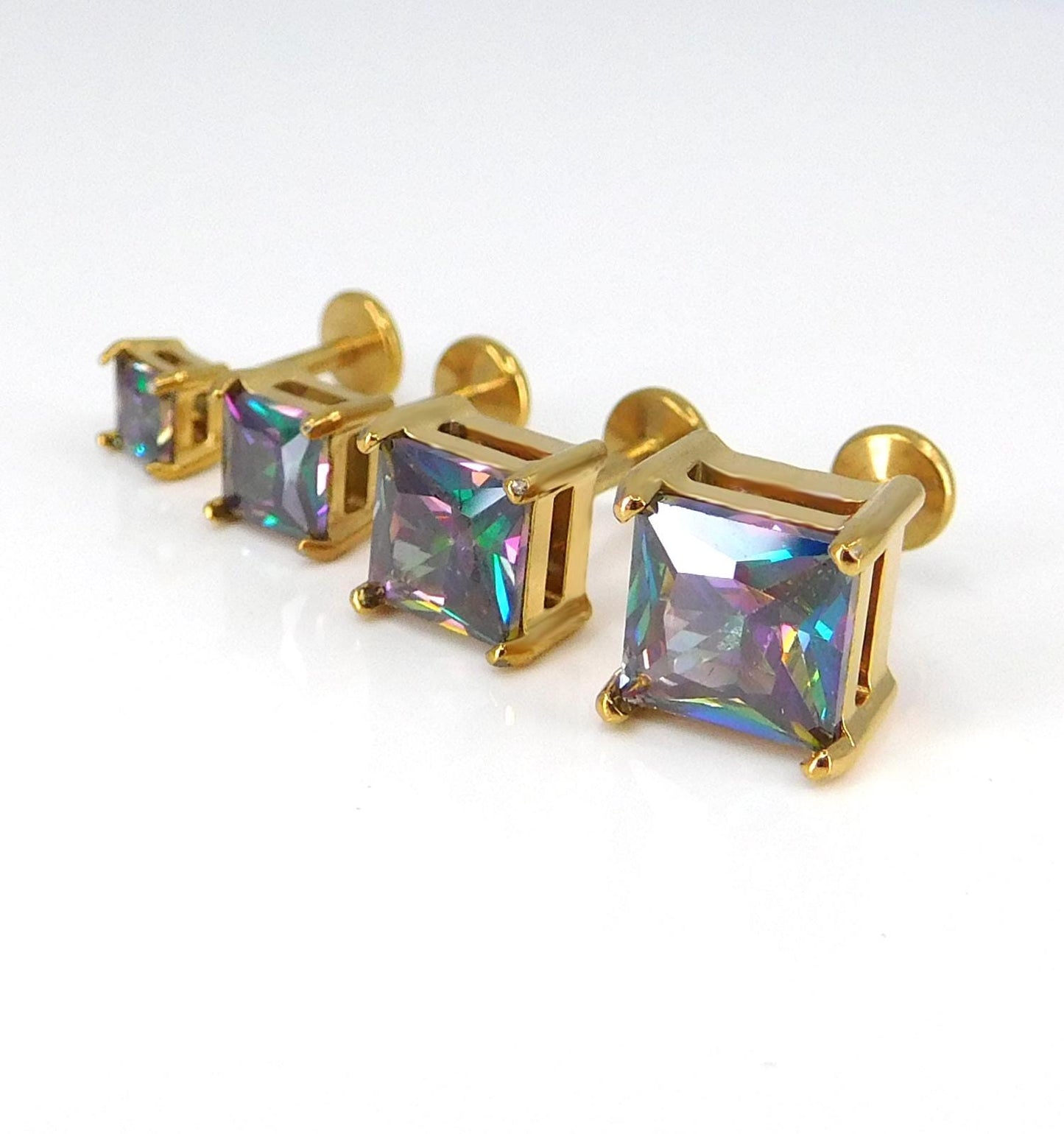 Rainbow Gold PVD Stud Earring: Threadless Princess Cut Prong Set Labret Nose Ring