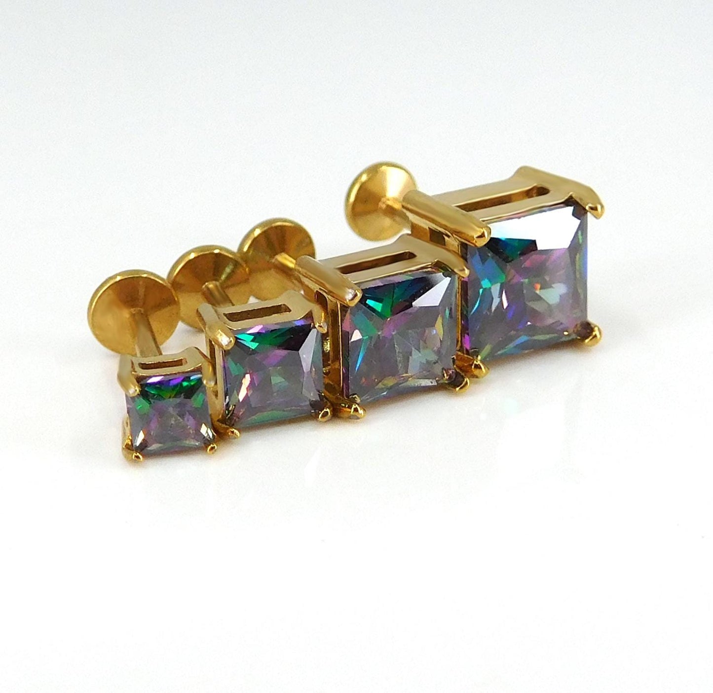 Rainbow Gold PVD Stud Earring: Threadless Princess Cut Prong Set Labret Nose Ring