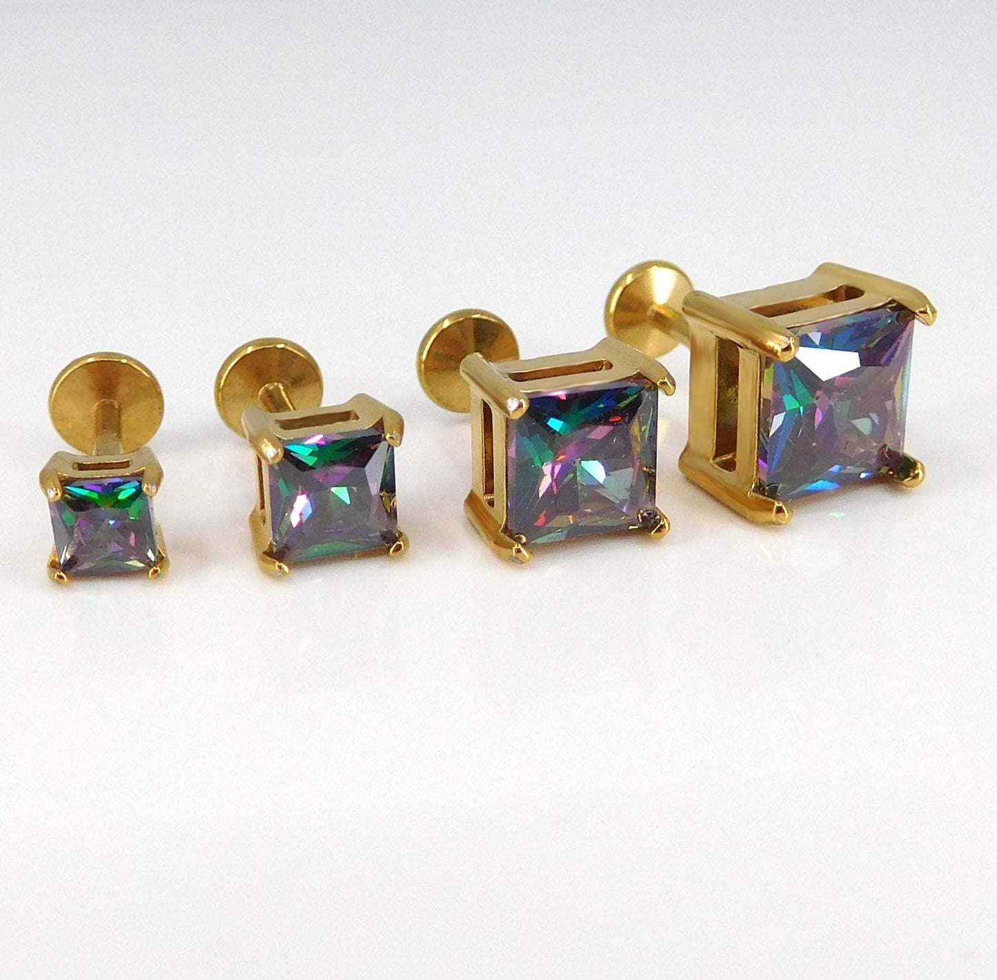 Rainbow Gold PVD Stud Earring: Threadless Princess Cut Prong Set Labret Nose Ring