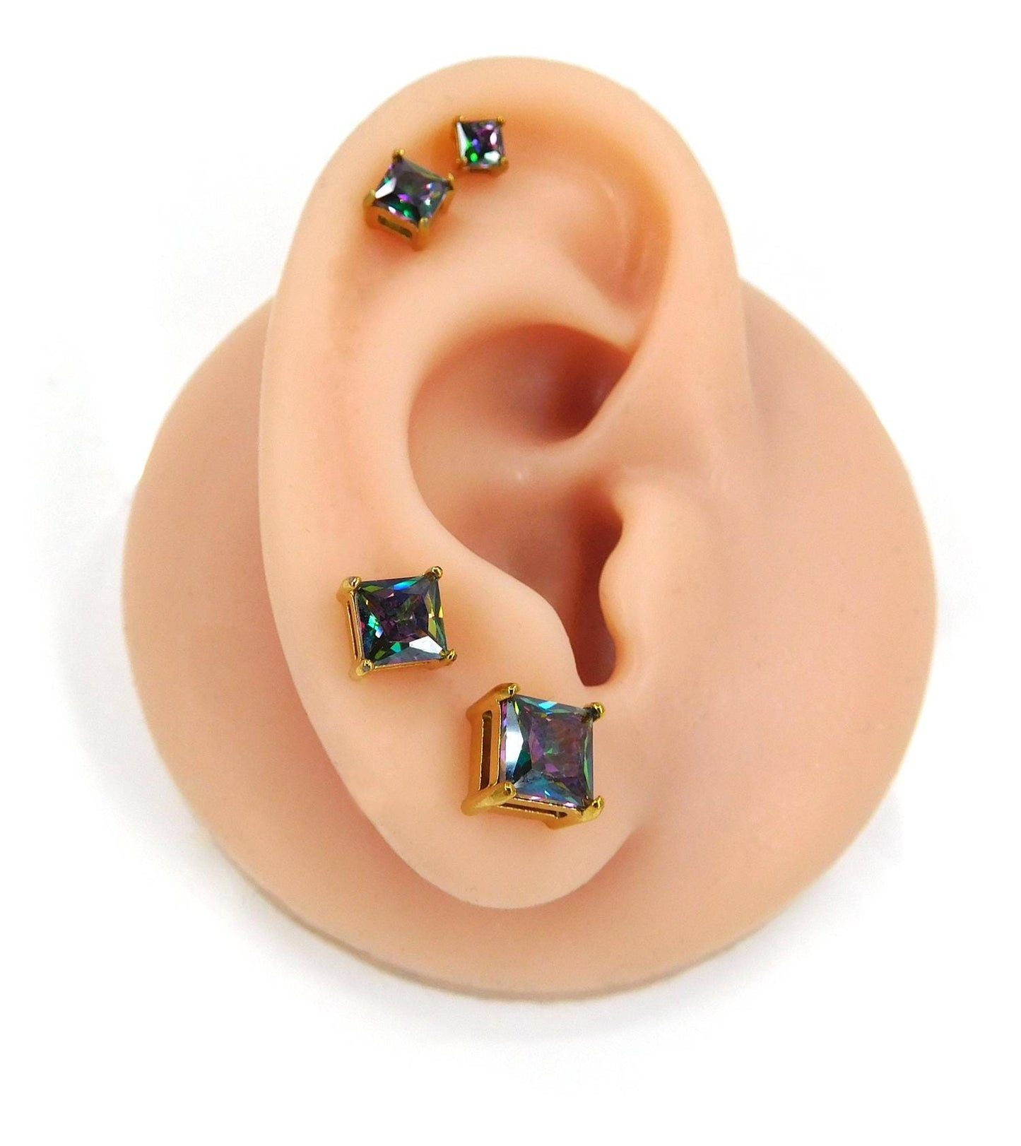 Rainbow Gold PVD Stud Earring: Threadless Princess Cut Prong Set Labret Nose Ring