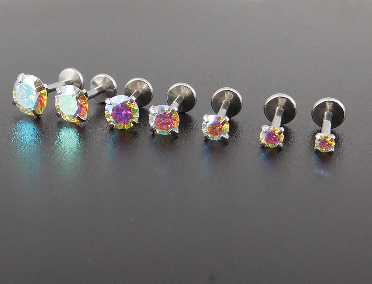 AB Moissanite Threadless Stud Earring:  Tiny Tragus Earring -  Cartilage Piercing Stud - Flat Back Nose Ring - Labret Stud Earring