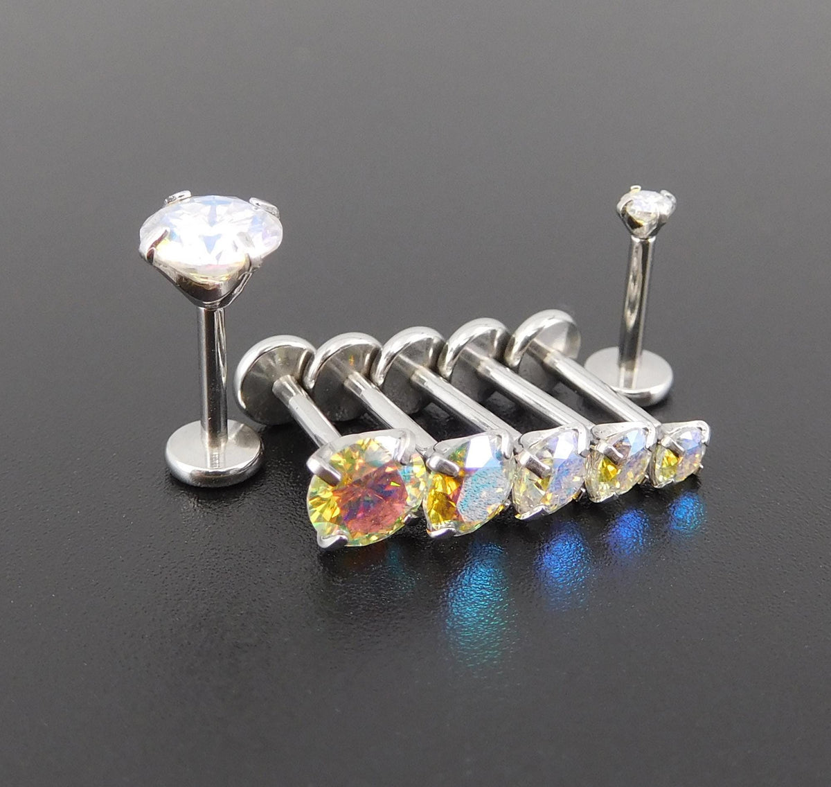 AB Moissanite Threadless Stud Earring:  Tiny Tragus Earring -  Cartilage Piercing Stud - Flat Back Nose Ring - Labret Stud Earring