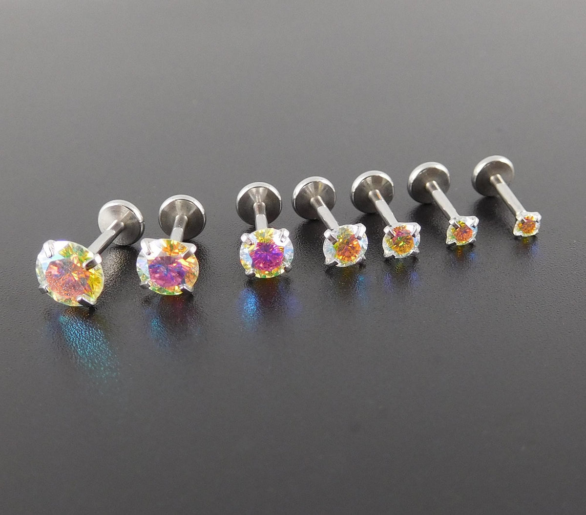 AB Moissanite Threadless Stud Earring:  Tiny Tragus Earring -  Cartilage Piercing Stud - Flat Back Nose Ring - Labret Stud Earring