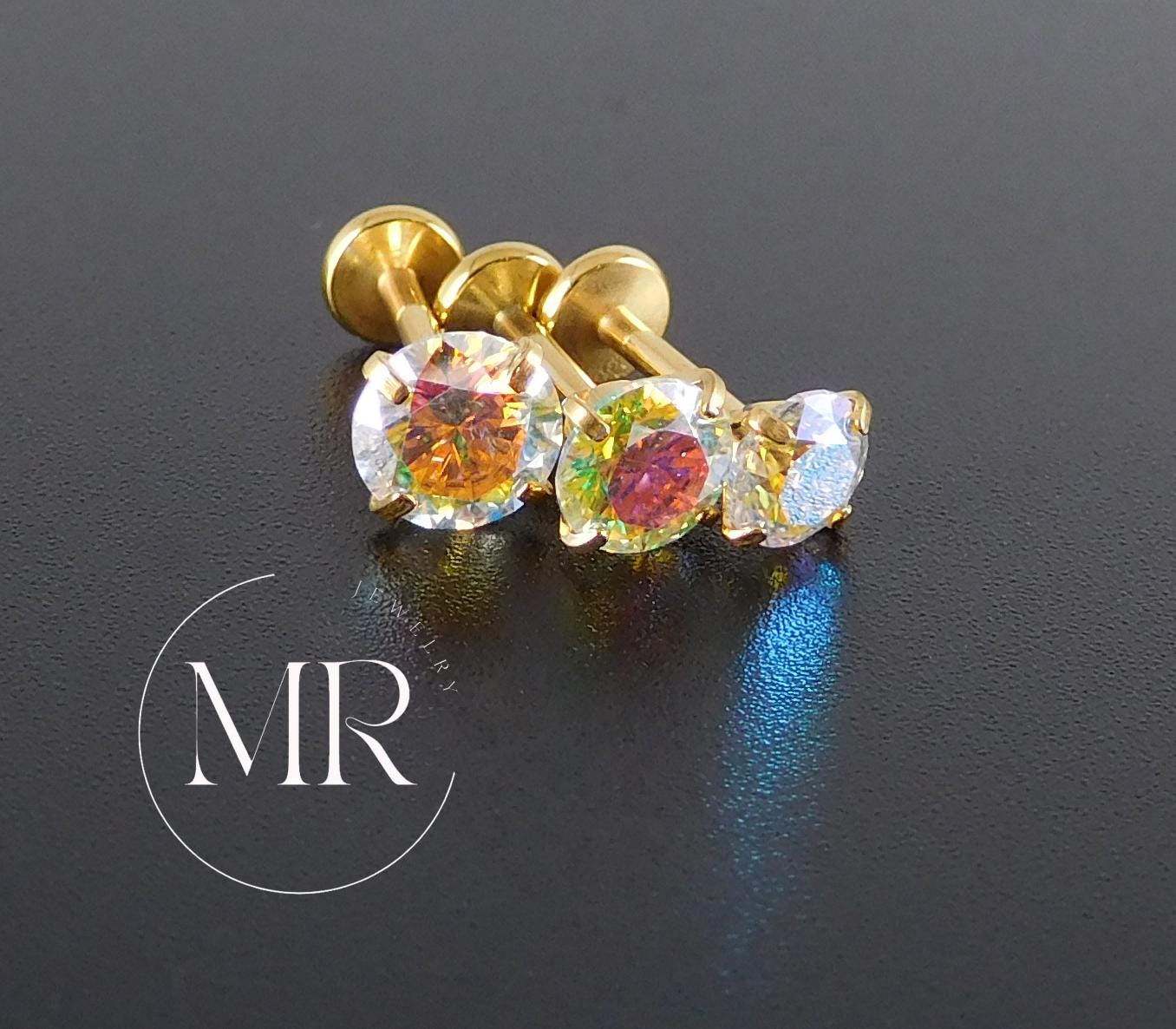 AB Moissanite Gold PVD Stud Earring: Threadless Cartilage, Tragus, Nose Ring