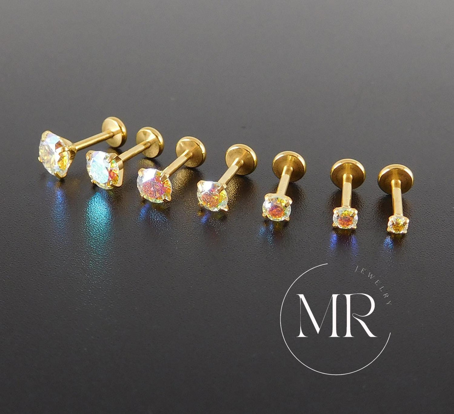 AB Moissanite Gold PVD Stud Earring: Threadless Cartilage, Tragus, Nose Ring