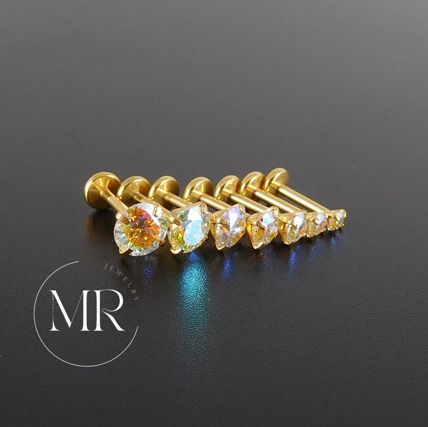 AB Moissanite Gold PVD Stud Earring: Threadless Cartilage, Tragus, Nose Ring