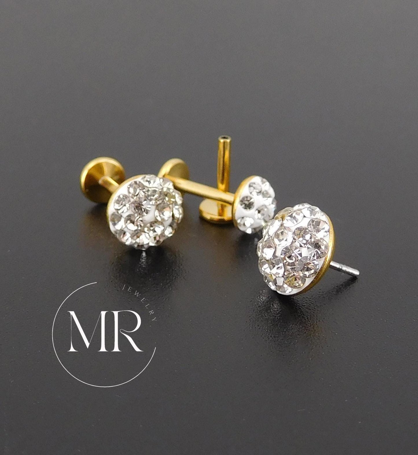Gold PVD Threadless Stud, Clear Crystal Pave Piercing Jewelry, Cartilage Helix Tragus Nose Ring