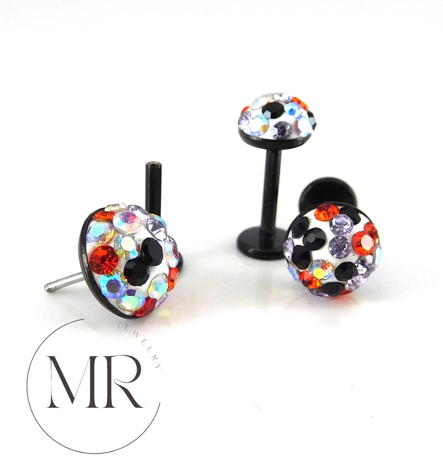 Halloween Pave Crystal Half Ball Threadless Stud Earring Push Pin Nose Ring